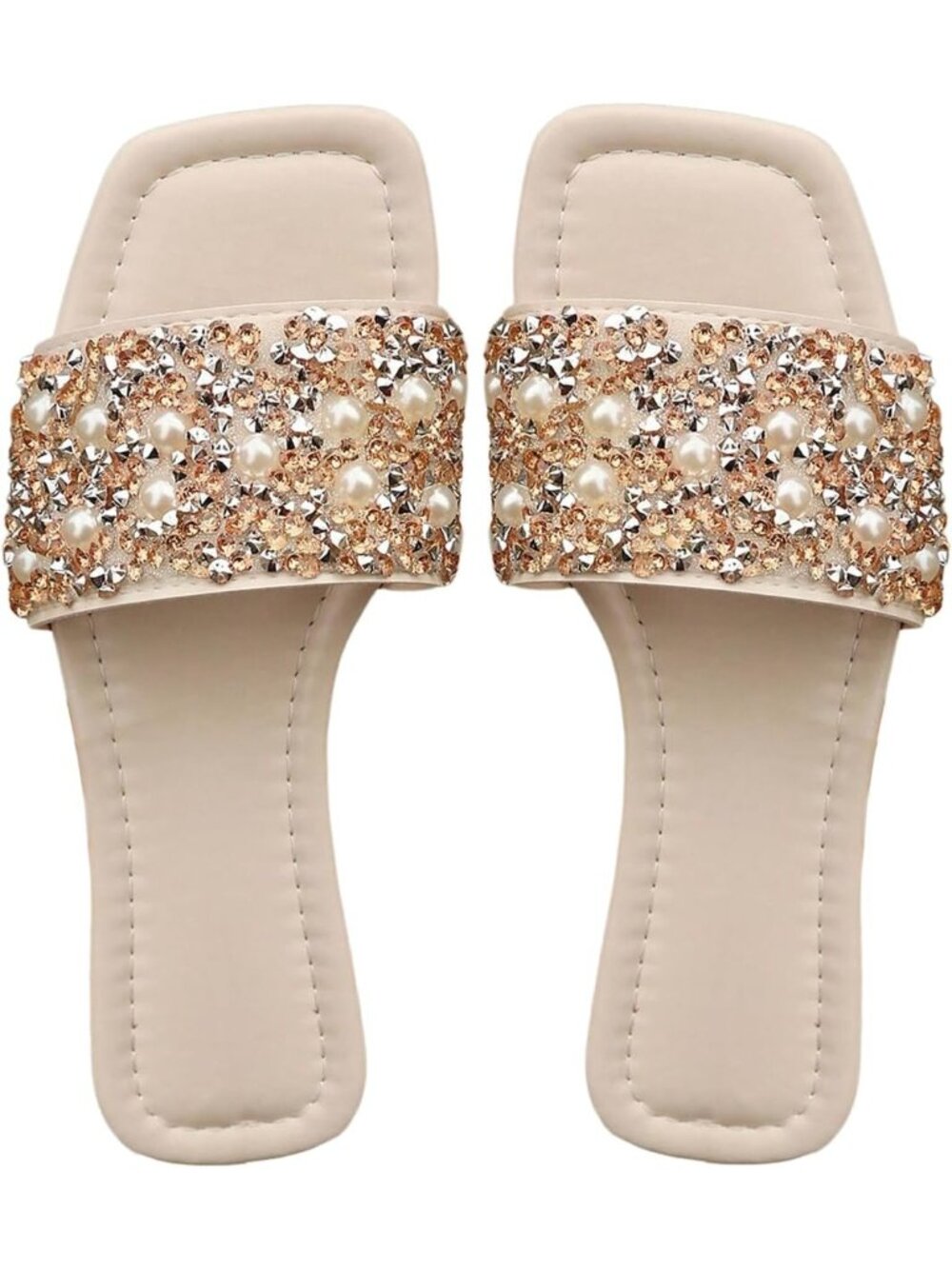 Women's Beige Pearl Sparkly Rhinestone Sandal Pearl Boho Summer Square Toe Shoes